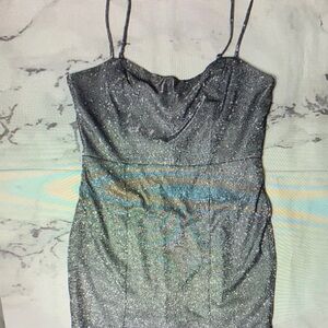Lulu's Silver Sparkle Spaghetti Strap Mini Dress